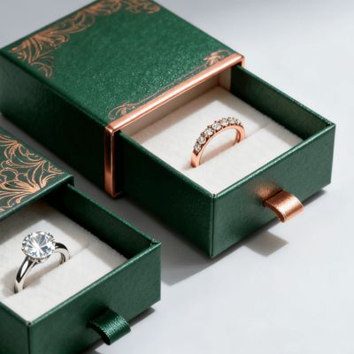 صناديق خواتم فاخرة مخصصة بشعار عتيق، لوح عاجي مع بطانة إسفنجية مخملية، ختم، ورنيش، طلاء بالأشعة فوق البنفسجية، طباعة، معالجة