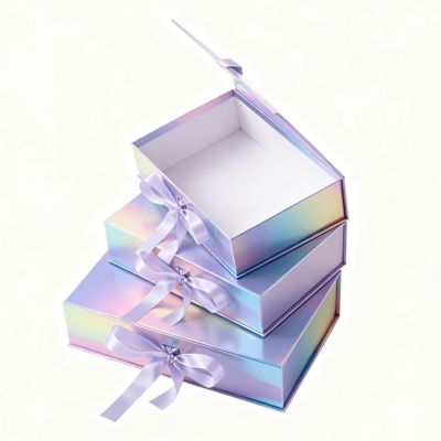 Deluxe Holographic flip top Magnetic Lid Gift Packaging Box Beautiful Available with Ribbon Recycled Materials for Socks