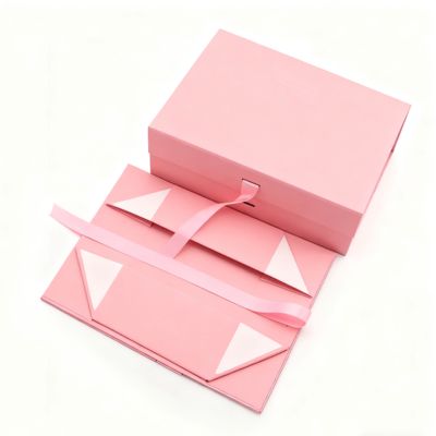 صندوق طي بشريط بشعار مخصص بجودة عالية وردي أسود مستطيل الشكل تغليف ورق فني مغناطيسي لتغليف غير لامع ونقش