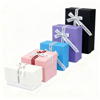 تغليف مجوهرات مخصص باللغة الإنجليزية، شريط فيونكة، صندوق مربع سماوي وأرضي، غطاء كرتون أنيق للأقراط والخواتم