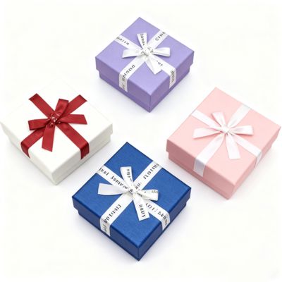 تغليف مجوهرات مخصص باللغة الإنجليزية، شريط فيونكة، صندوق مربع سماوي وأرضي، غطاء كرتون أنيق للأقراط والخواتم